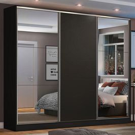Guarda Roupa Casal 100% MDF Madesa Zurique 3 Portas de Correr com Espelhos - Preto Preto
