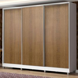 Guarda Roupa Casal 100% MDF Madesa Zurique 3 Portas de Correr com Pés - Branco/Rustic Branco/Rustic