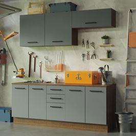 Kit com 2 Balcões e 2 Armários Aéreos Multiuso 200cm Rustic/Cinza Agata Madesa Rustic/Cinza