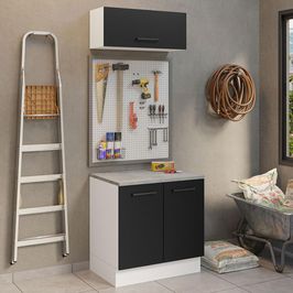 Kit com Balcão e Armário Aéreo Multiuso 80cm Branco/Preto Agata Madesa Branco/Preto