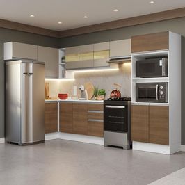Armário de Cozinha Completa de Canto 100% MDF 447cm Branco/Rustic/Crema Smart Madesa 01 Branco/Rustic