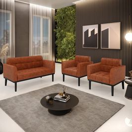 Conjunto 2 Poltronas e 1 Namoradeira Decorativa Karen Pés Fixo em Madeira Preto Pu Nozes G19 - Gran Belo