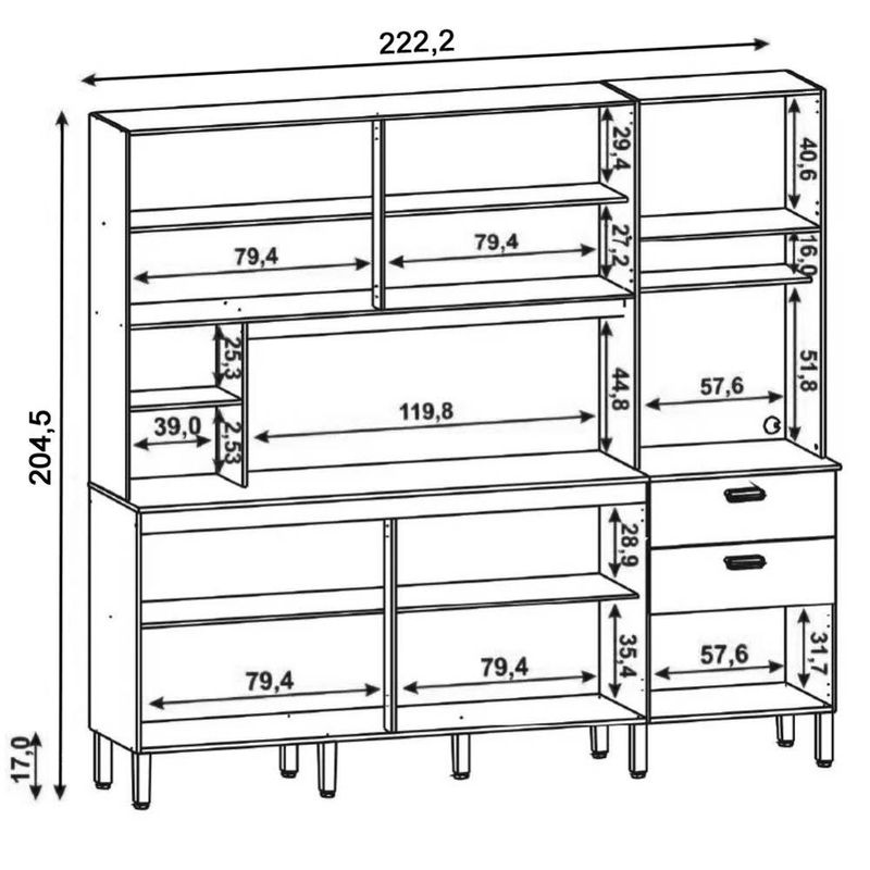 Armário de Cozinha Compacta 222cm Intensa K02 Freijó/Nero - Mpozenato