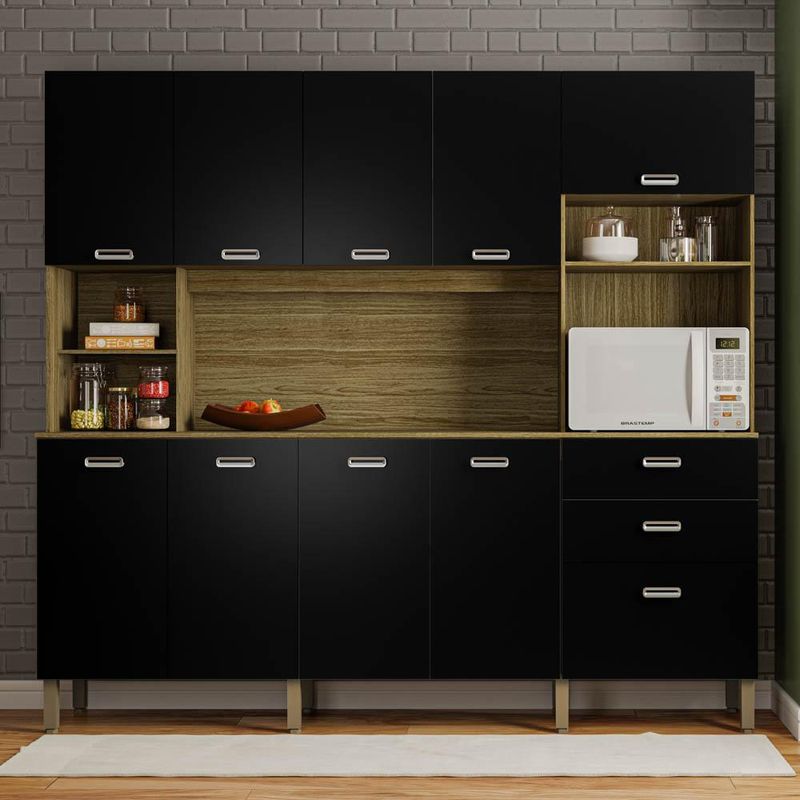 Armário de Cozinha Compacta 222cm Intensa K02 Freijó/Nero - Mpozenato