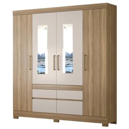 Guarda Roupa Casal 4 Portas 2 Com Espelho 90cm 4 Gavetas Bilbão D02 Amendola/Off White - Mpozenato
