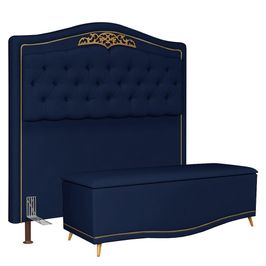 Cabeceira Cama Box Casal Queen 160cm Com Calçadeira Baú Imperial Veludo J02 Azul - Mpozenato