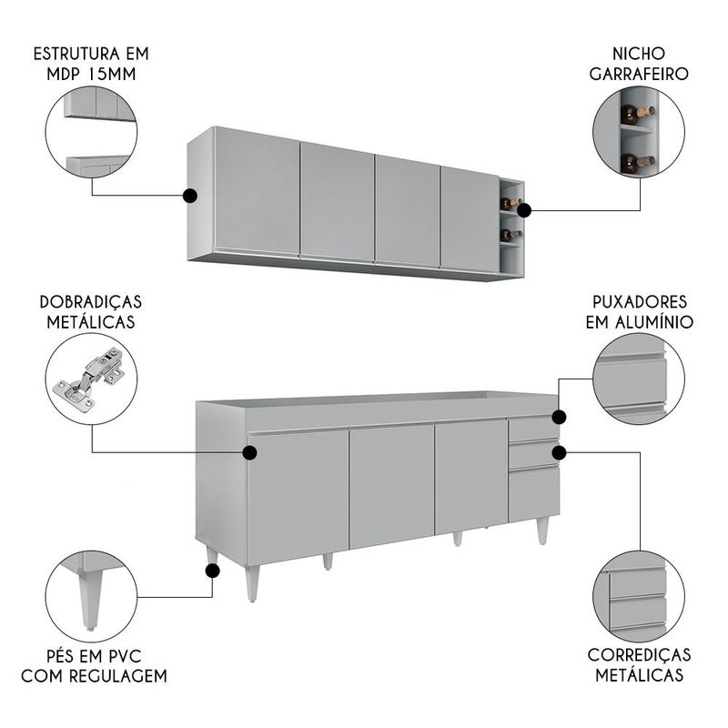 Armário de Cozinha Nevada e Balcão para Pia 180cm Dallas Cinza Claro