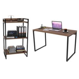 Conjunto Escritório Estilo Industrial Mesa 120cm e Estante 60cm 3 Prateleiras Prisma C08 Nogal - Mpozenato