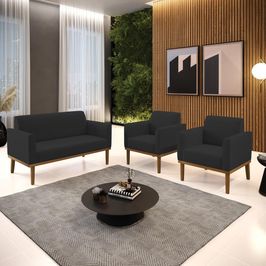 Conjunto 2 Poltronas e 1 Namoradeira Decorativa Karen Pés Fixo em Madeira Castanho Veludo Preto G19 - Gran Belo