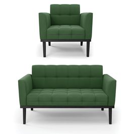 Conjunto Poltrona e Namoradeira Decorativa Karen Pés Fixo em Madeira Preto Suede Verde G19 - Gran Belo
