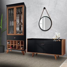 Conjunto Cristaleira Adega Bar e Buffet Balcão Decorativo Andorra/Albani Preto/Nature G26 - Gran Belo