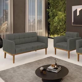 Conjunto Poltrona e Namoradeira Decorativas Karen Pés Fixo em Madeira Castanho Linho Cinza Mesclado G19 - Gran Belo