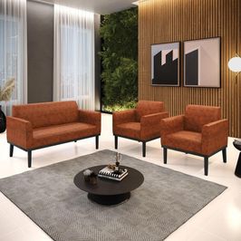 Conjunto 2 Poltronas e 1 Namoradeira Decorativa Isabella Pés Fixo em Madeira Preto PU Nozes G19 - Gran Belo
