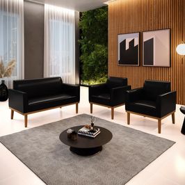 Conjunto 2 Poltronas e 1 Namoradeira Decorativa Isabella Pés Fixo em Madeira Castanho PU Preto Brilho G19 - Gran Belo