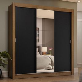 Guarda-Roupa Casal 3 Portas de Correr com Espelho 4 Gavetas Rustic/Preto Sublime Plus Madesa Rustic/Preto