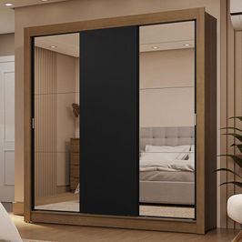 Guarda-Roupa Casal 3 Portas de Correr com Espelhos 2 Gavetas Rustic/Preto Sublime Madesa Rustic/Preto