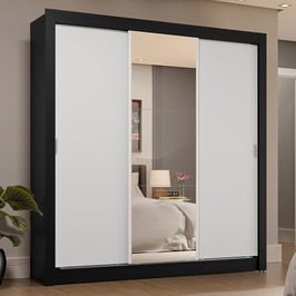 Guarda-Roupa Casal 3 Portas de Correr com Espelho 4 Gavetas Preto/Branco Sublime Plus Madesa Preto/Branco