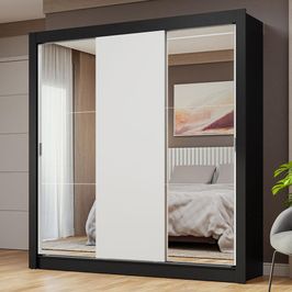 Guarda-Roupa Casal 3 Portas de Correr com Espelhos Preto/Branco Nobre Madesa Preto/Branco