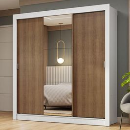 Guarda-Roupa Casal 3 Portas de Correr com Espelho Branco/Rustic Nobre Madesa Branco/Rustic