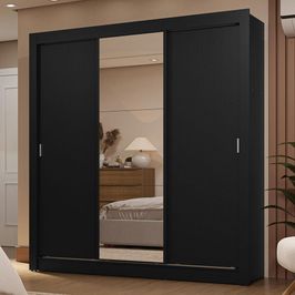Guarda-Roupa Casal 3 Portas de Correr com Espelho 2 Gavetas Preto Sublime Madesa Preto
