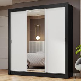Guarda-Roupa Casal 3 Portas de Correr com Espelho Preto/Branco Nobre Madesa Preto/Branco