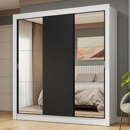 Guarda-Roupa Casal 3 Portas de Correr com Espelhos Branco/Preto Nobre Madesa Branco/Preto