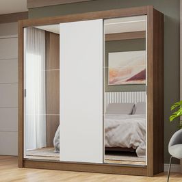 Guarda-Roupa Casal 3 Portas de Correr com Espelhos Rustic/Branco Nobre Madesa Rustic/Branco
