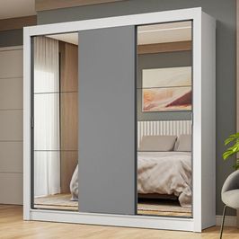 Guarda-Roupa Casal 3 Portas de Correr com Espelhos Branco/Cinza Nobre Madesa Branco/Cinza