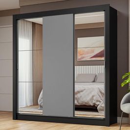 Guarda-Roupa Casal 3 Portas de Correr com Espelhos Preto/Cinza Nobre Madesa Preto/Cinza