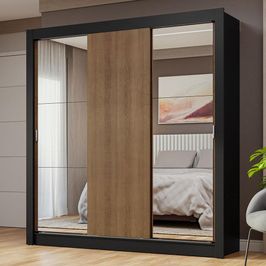 Guarda-Roupa Casal 3 Portas de Correr com Espelhos Preto/Rustic Nobre Madesa Preto/Rustic
