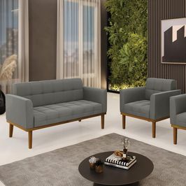 Conjunto Poltrona e Namoradeira Decorativas Karen Pés Fixo em Madeira Castanho Suede Grafite G19 - Gran Belo