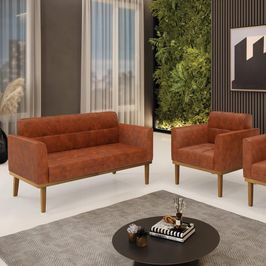 Conjunto Poltrona e Namoradeira Decorativas Karen Pés Fixo em Madeira Castanho Pu Nozes G19 - Gran Belo
