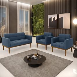 Conjunto 2 Poltronas e 1 Namoradeira Decorativa Karen Pés Fixo em Madeira Castanho Suede Azul Marinho G19 - Gran Belo