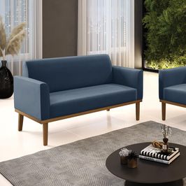 Poltrona Namoradeira Decorativa Isabella Pés Fixo em Madeira Castanho Suede Azul Marinho G19 - Gran Belo