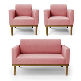 Conjunto 2 Poltronas e 1 Namoradeira Decorativa Isabella Pés Fixo em Madeira Castanho Suede Rose G19 - Gran Belo