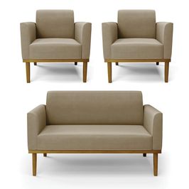 Conjunto 2 Poltronas e 1 Namoradeira Decorativa Isabella Pés Fixo em Madeira Castanho Suede Nude G19 - Gran Belo