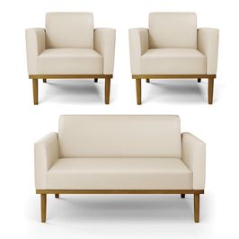 Conjunto 2 Poltronas e 1 Namoradeira Decorativa Isabella Pés Fixo em Madeira Castanho PU Bege G19 - Gran Belo