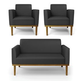Conjunto 2 Poltronas e 1 Namoradeira Decorativa Isabella Pés Fixo em Madeira Castanho PU Preto G19 - Gran Belo