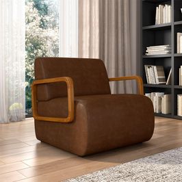Poltrona Decorativa Sala de Estar Odessa Braços em Madeira PU Marrom G33 - Gran Belo