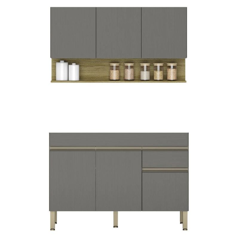Armário de Cozinha com Balcão sem Tampo 150cm Lina K02 Gris/Freijó - Mpozenato