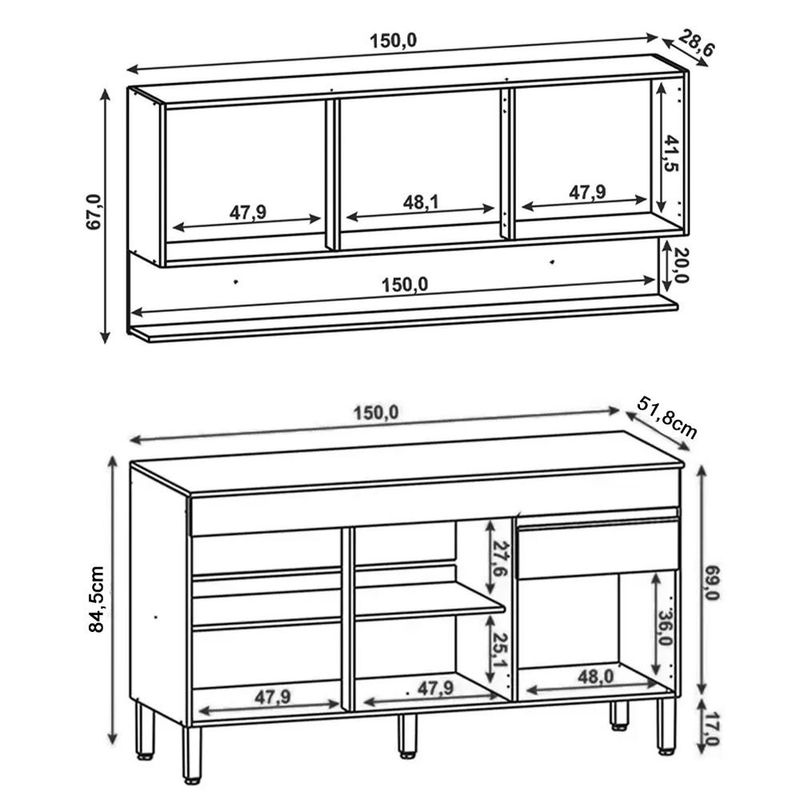 Armário de Cozinha com Balcão sem Tampo 150cm Lina K02 Gris/Freijó - Mpozenato