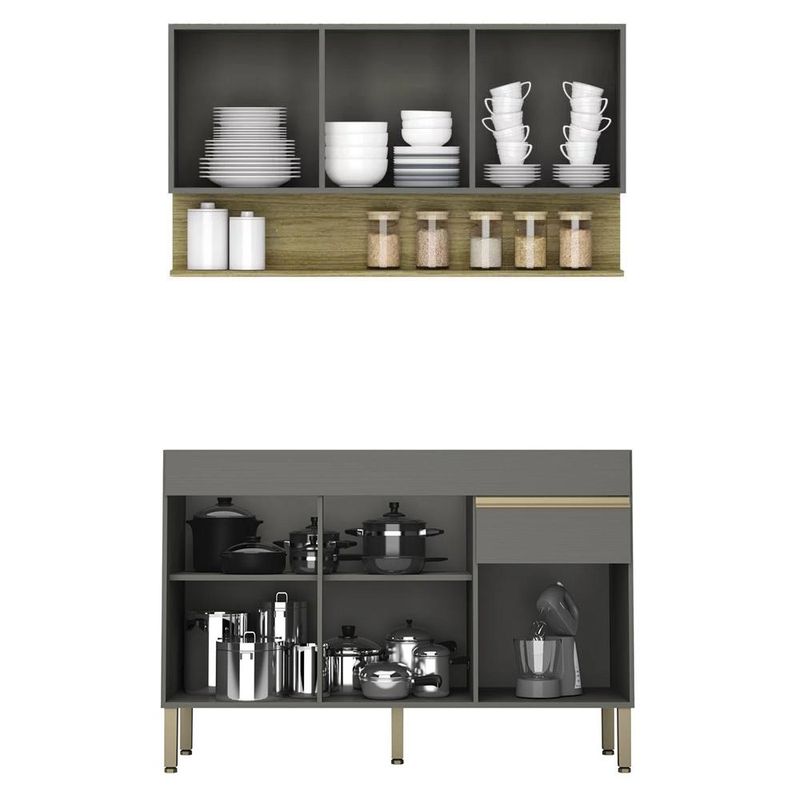 Armário de Cozinha com Balcão sem Tampo 150cm Lina K02 Gris/Freijó - Mpozenato
