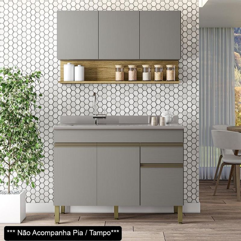 Armário de Cozinha com Balcão sem Tampo 150cm Lina K02 Gris/Freijó - Mpozenato