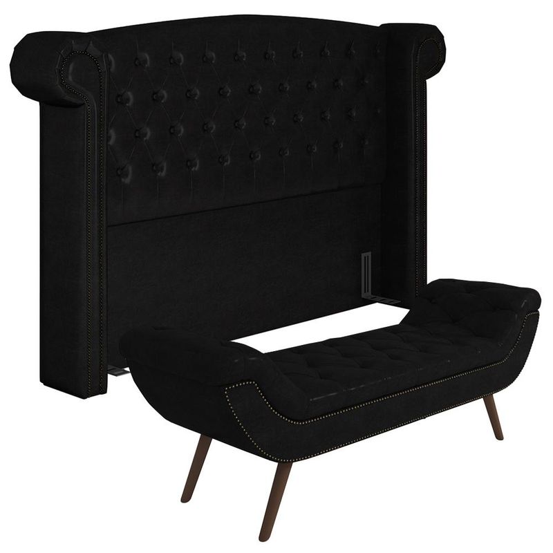 Cabeceira Cama Box Queen 160cm Provença e Recamier Veneto P02 Sintético Preto -Mpozenato