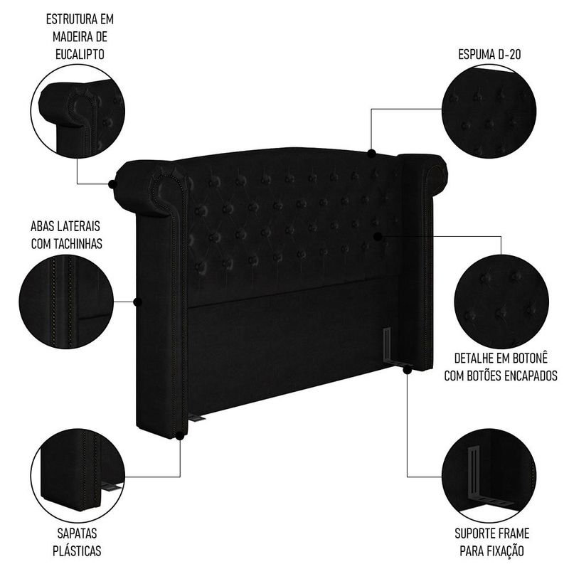 Cabeceira Cama Box Queen 160cm Provença e Recamier Veneto P02 Sintético Preto -Mpozenato