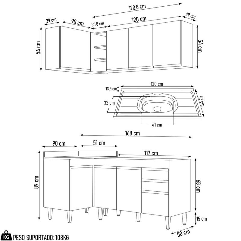 Armário de Cozinha Modulado de Canto Direito 4 Peças CP39 com Pia Inox Castanho/Preto