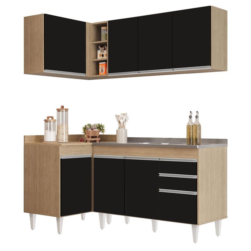 Armário de Cozinha Modulado de Canto Direito 4 Peças CP39 com Pia Inox Castanho/Preto