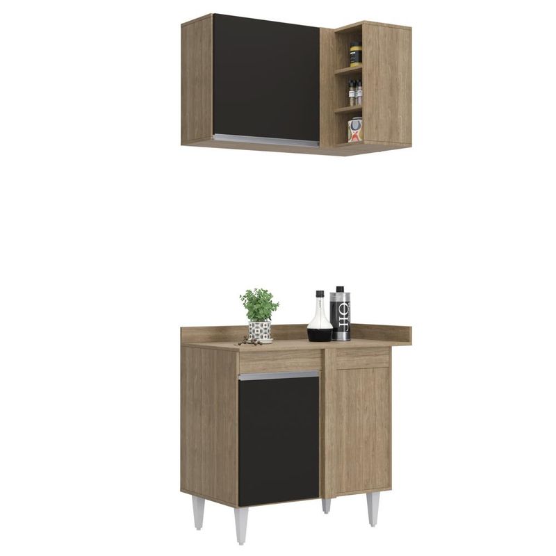 Armário de Cozinha Modulado de Canto Direito 4 Peças CP39 com Pia Inox Castanho/Preto