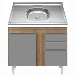 Balcão Gabinete Com Pia Inox 100cm 2 Portas 2 Gavetas Luziania Castanho/Cinza - Lumil
