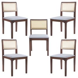 Kit 05 Cadeiras Sala de Jantar Madeira Maciça Nivea Tela Rattan Sextavano Linho Cinza/Amêndoa G55 - Gran Belo
